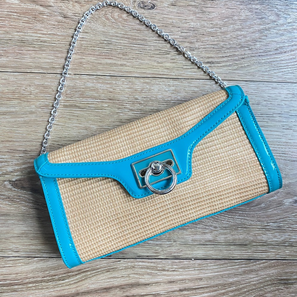 Ann Taylor Turquoise Trim Straw Clutch